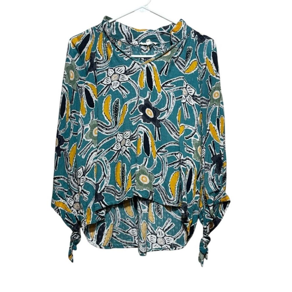 Christian Siriano New York Women's Medium Teal Floral Print Tie Sleeve Blouse